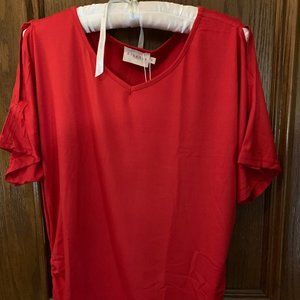Red Tee with Slit Sleeve and Ruched side.